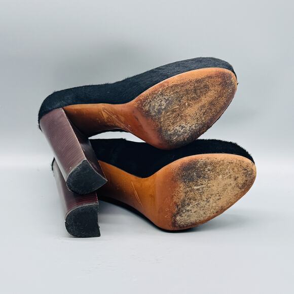 Brian Atwood Shoes Womens 9.5 Black Block Heel Round Toe Pony Hair Italy - Picture 10 of 13